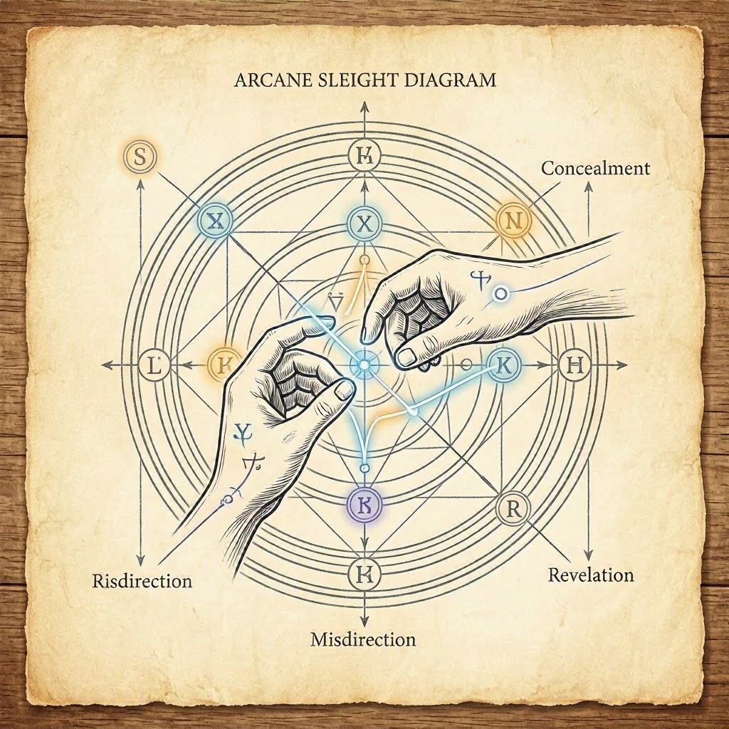 Diagram illustrating the mechanics of prestidigitation and sleight‑of‑hand flow.