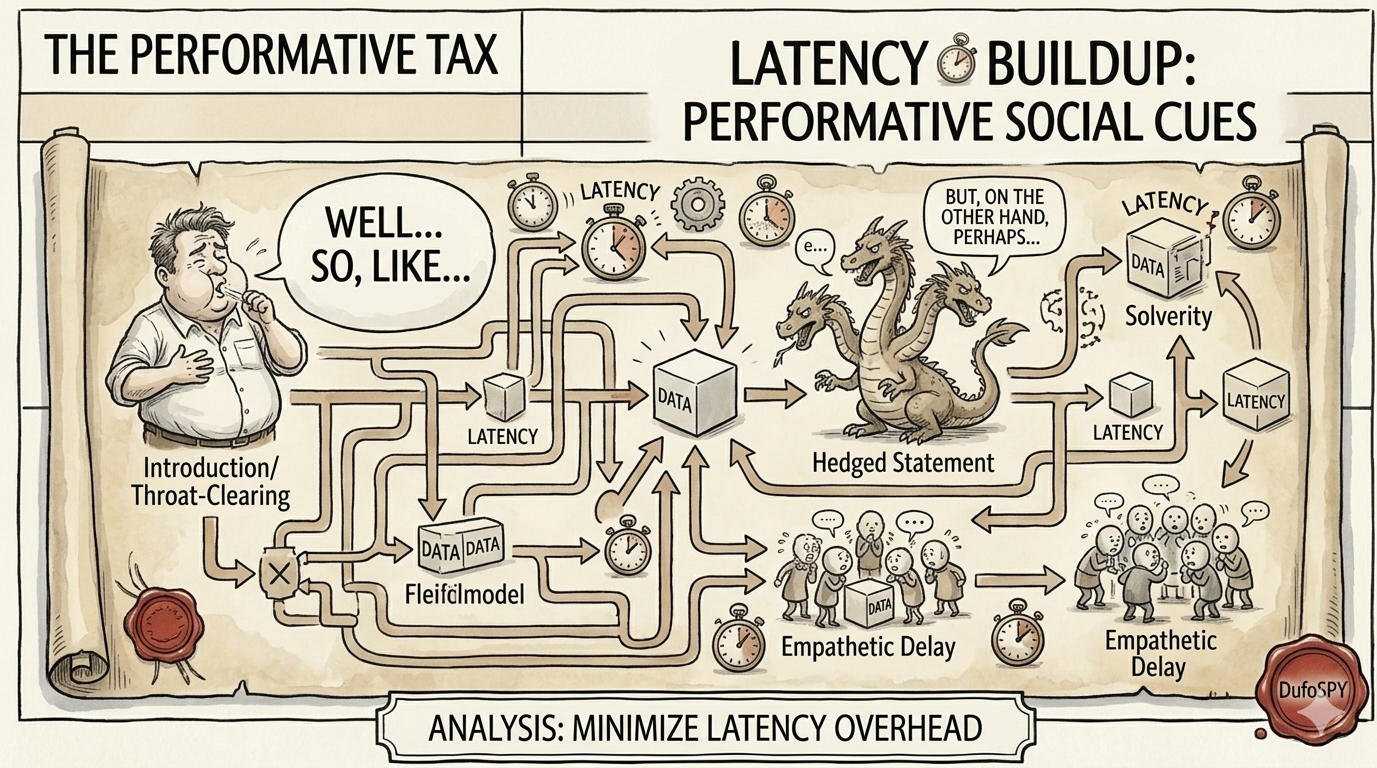 Comparison of communication overhead: high-latency social cushioning versus low-latency technical precision.