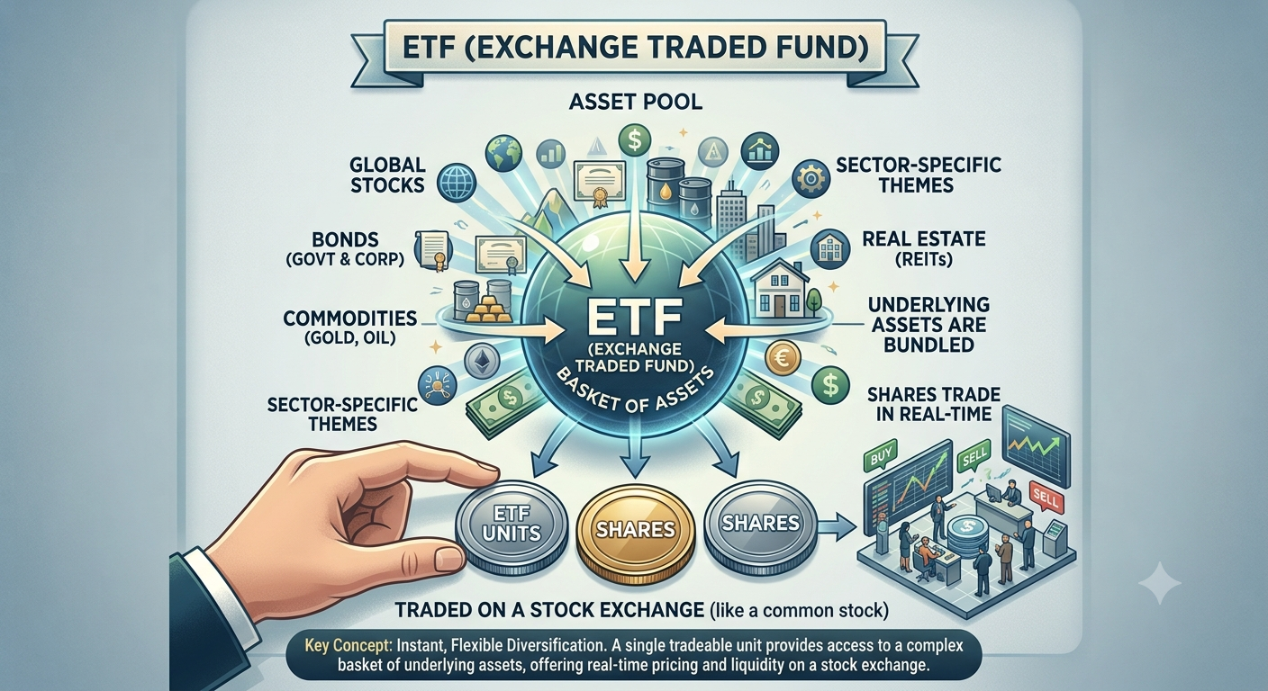 Diagram illustrating how ETFs bundle many assets into a single tradable share