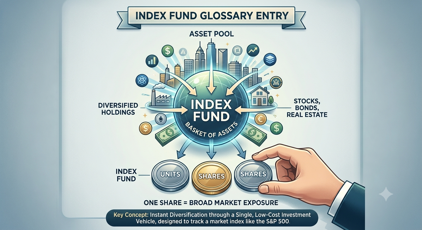 Diagram illustrating index mutual funds like S&P500 ETFs bundle many assets into a single tradable share