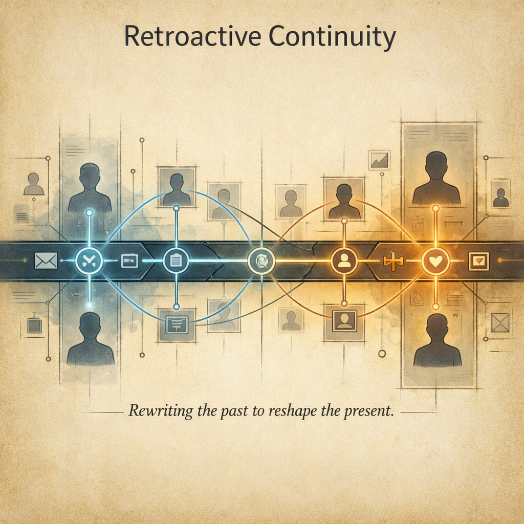 Abstract illustration of a timeline being rewritten from the present back into the past.